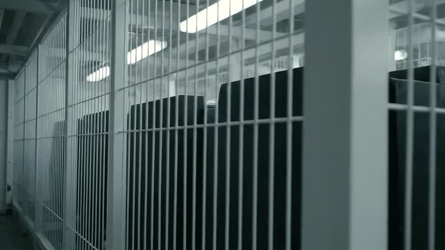 Prison Cells with Bars and Fluorescent Lighting.