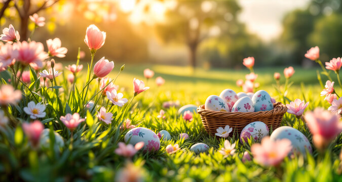 Ostereier im Fr&uuml;hlingsblumenfeld im Sonnenlicht &ndash; Osterkorb mit bemalten Eiern auf Wiese