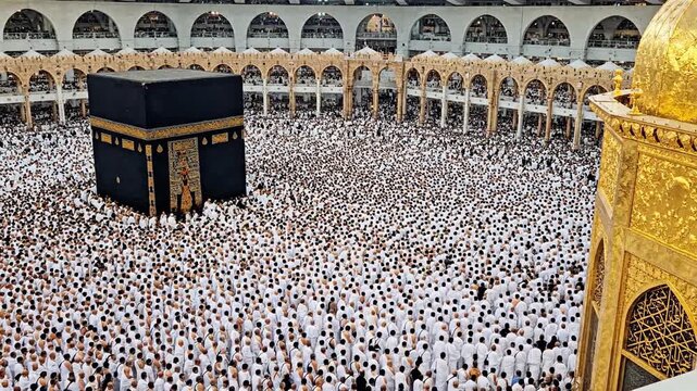 Global devotion at the Grand Mosque. Millions of pilgrims performing Tawaf around the Kaaba. Ideal for Islamic culture and travel media.