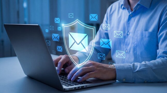 Businessman working on laptop with email shield security concept on blue background