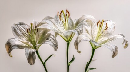 Obraz premium Elegant White Lilies with Prominent Stamens Displaying Delicate Petals Against a Neutral Background