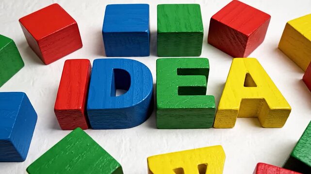 Colorful wooden block letters spell "IDEA," scattered with additional blocks