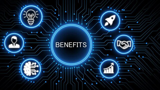 A glowing neon benefits concept surrounded by smaller icons for ai and manufacturing process management all connected in a digital circuit like pattern, manufacturing planning, 