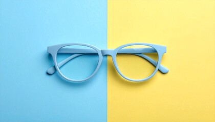 A pair of light blue eyeglasses centered on a background split between light blue and yellow colors.