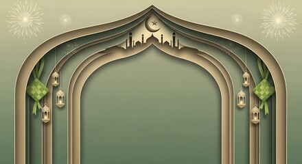 A gold-toned, intricately designed archway with a crescent moon and star, set against a gradient green background with floral motifs, conveying a sense of celebration for eid al-fitr or