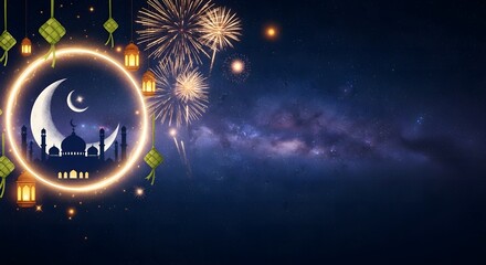 Digital illustration of a Ramadan or Eid Mubarak celebration background with a mosque, crescent moon, lanterns, and fireworks against a dark, starry night sky with a warm, festive mood.