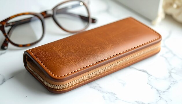 A brown leather zippered case and eyeglasses on a marble surface.