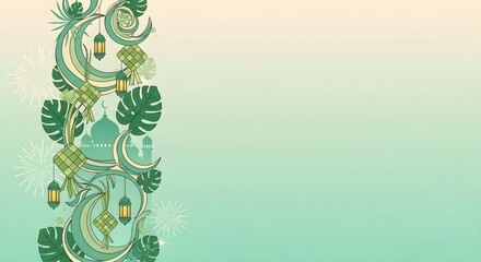 A colorful illustration of green leaves and lanterns on a gradient background for Eid Mubarak or Ramadan al-Fitr celebration with a festive mood.