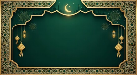 A dark green background with gold Ramadan lanterns, crescent moon, and intricate patterns, ideal for Eid Mubarak or Ramadhan celebrations with a festive and cultural mood.