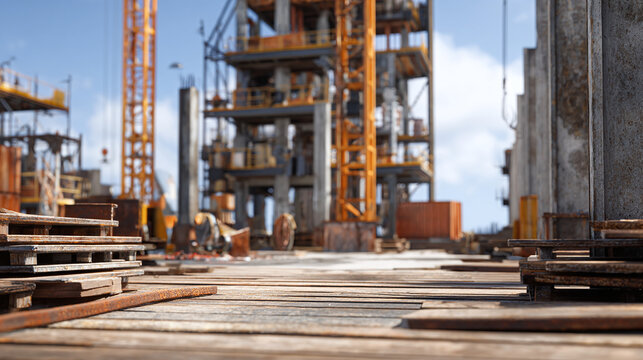 Construction site with cranes and building structure under a bright blue sky. A dynamic view capturing the process and scale of construction 