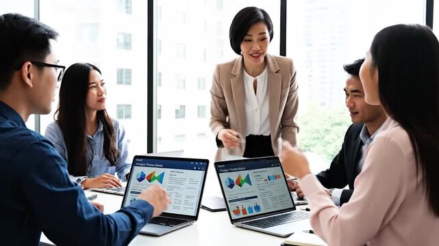 A group of professionals discuss data on laptops, analyzing charts during a collaborative meeting