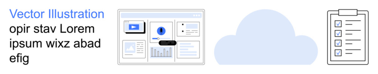 Cloud storage, digital data management, task organization, workflow optimization, remote access, digital tools. A cloud shape, detailed dashboard and checklist icon. Cloud storage and data