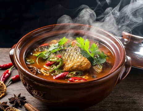 Authentic Indonesian Gurame Kuah Pedas steaming hot in a rustic ceramic bowl, garnished with fresh herbs and vibrant chilies, a delectable spicy fish soup dish