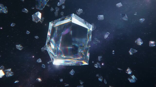 A multifaceted, transparent crystal object floats in a dark, star-filled void, catching light and reflecting its surroundings