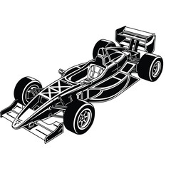 Obraz premium Detailed black and white illustration of a race car with exposed chassis