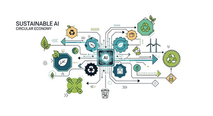 Fototapeta premium Sustainable AI and circular economy concepts visualized through interconnected gears and eco-friendly elements in a modern illustration