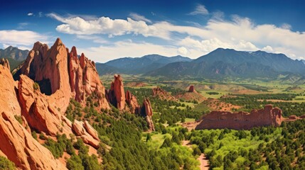 Naklejka premium Majestic red sandstone monuments stand sentinel over green valleys beneath a vast, cloud-strewn blue sky.