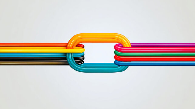 Colorful parallel cords converge in square link shape, symbolizing unity and connection