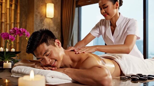 A man relaxes as a professional massages his back in a spa with candles and orchids
