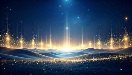 Glowing golden light beams illuminate a serene landscape of rolling hills under a starry night sky