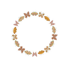 Naklejka premium Groovy butterfly frame in retro and y2k style forms a seamless circle with colorful border and nature theme pattern. Graphic design uses vibrant shapes, creating a playful modern decorative