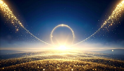 Solar eclipse spectacle with radiant light and golden sparks over celestial landscape viewed from above