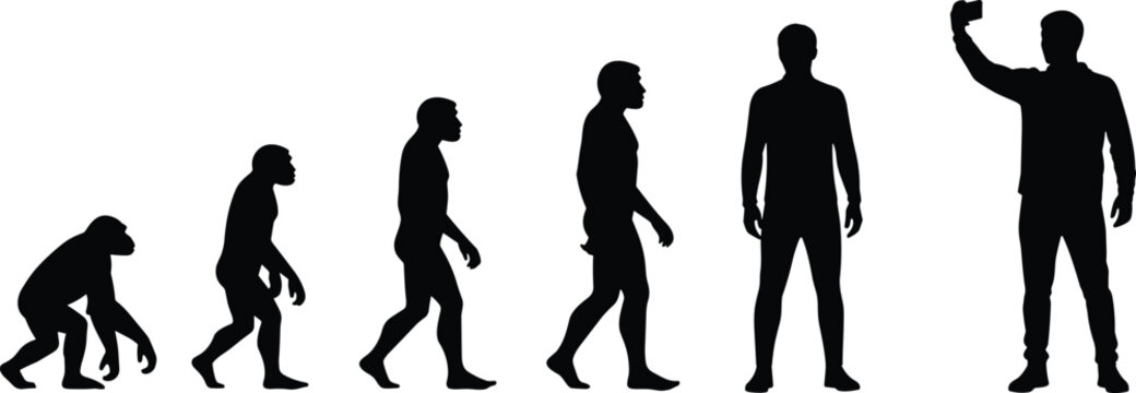 Evolution of man silhouette, human development from ape to modern human taking selfie, social media concept, technology growth, primate history, progress, smartphone.