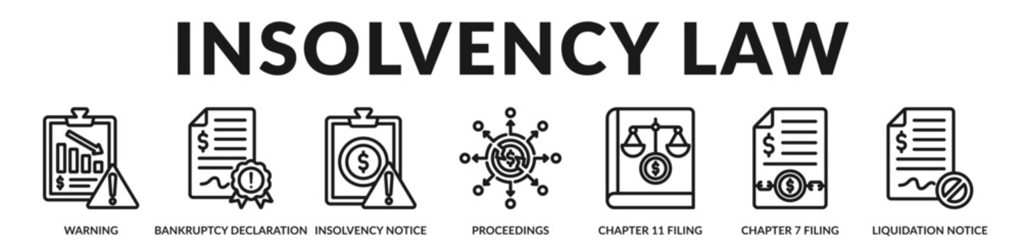 Insolvency legal process banner presenting formal bankruptcy procedures and regulated court based financial restructuring in Lineal Icon Style
