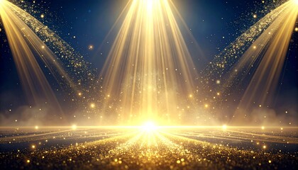 Golden light rays shining down on a stage with sparkling confetti, celebratory atmosphere from a low angle viewpoint