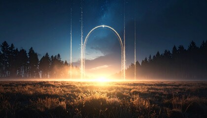A serene landscape with a glowing archway standing in a misty field at sunrise or sunset, surrounded by trees and mountains in the background.