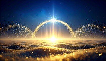 A bright light shines through a golden archway on a sparkling surface under a dark blue sky