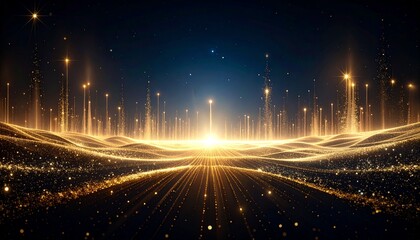 Golden light rays shining brightly on a dark landscape with abstract glowing lines and particles from a central radiant point