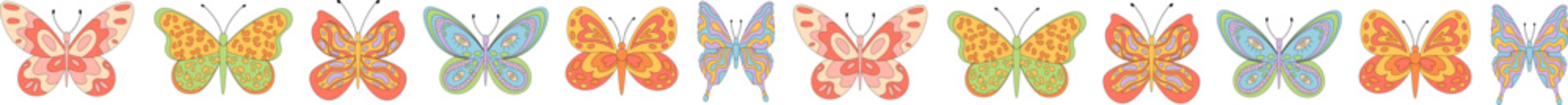 Groovy retro butterfly border pattern with funky and colorful psychedelic style. Y2k graphic pattern forms a unique border, perfect for creative use and modern projects.