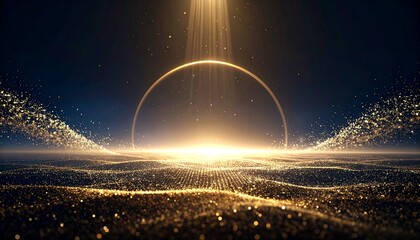 Golden light shines through a circular portal above a sparkling landscape with radiant beams and particles