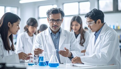Fototapeta premium Diverse group of scientists and students conducting experiments in a modern laboratory setting.