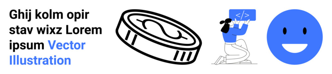 Obraz premium Financial transactions, technology, coding, design, innovation, and creativity. A coin icon, a smiling face and a figure interacting with code. Financial transactions and technology concept