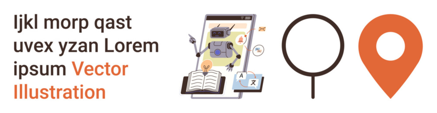 Education technology, learning apps, AI integration, digital mapping, mobile UI, navigation tools. Robot on tablet with book and location symbol. Education technology and learning apps concept