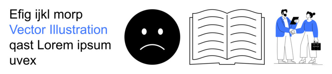 Fototapeta premium Emotional expression, education, teamwork, communication, workplace collaboration, text design. Sad face icon, open book two business professionals meeting. Emotional expression and education