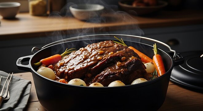 Slow cooked beef stew in a cast iron pot with root vegetables. braised brisket