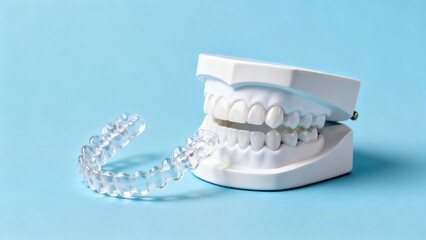 Clear dental aligner on plaster model teeth, showcasing the process orthodontic treatment for teeth straightening and smile correction