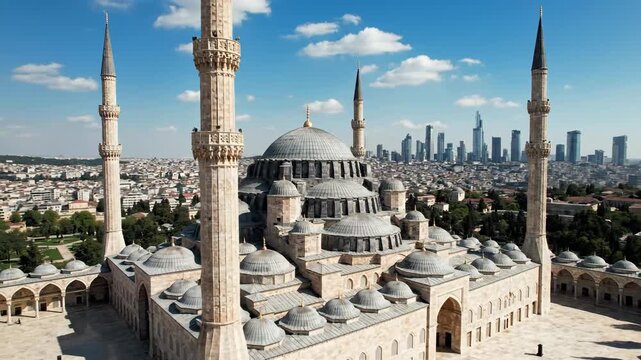 Breathtaking drone shot of the grand mosque complex and its minarets, contrasting ancient faith with the modern urban skyline, suitable for news or historical B-roll.
