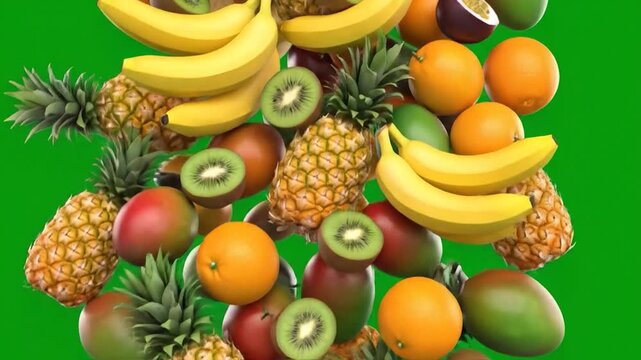 Colorful fruits like oranges, bananas, pineapples, kiwis, and mangos float against a green backdrop