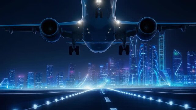 Nighttime airplane landing over futuristic city skyline with illuminated runway and modern skyscrapers