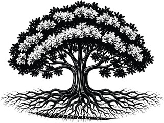 Obraz premium Vector, Illustration, of, Majestic, Oak, Tree, with, Large, Roots, and, Branch, for, Nature, Environment, Growth, Identity, Branding, and, Professional, Graphic, Design, Projects