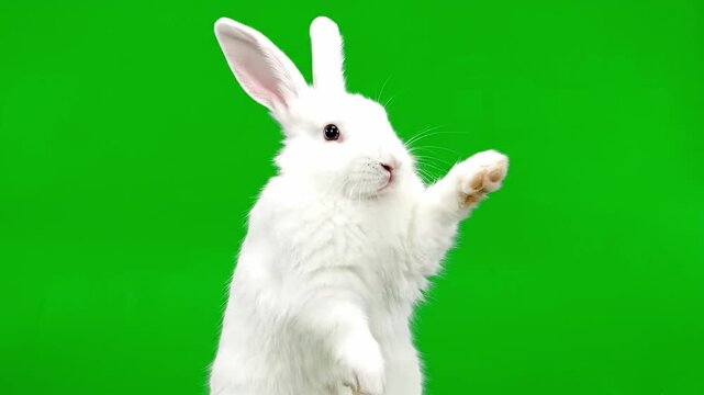 A cute white rabbit stands on its hind legs with one paw raised, looking to the side against a green screen background