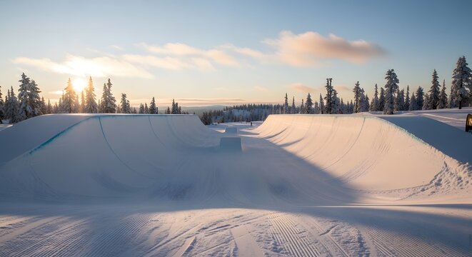Snowboard halfpipe park with winter landscape at sunset