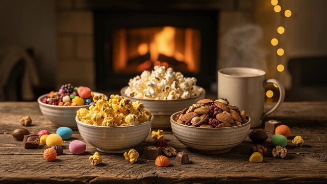 Cozy snack assortment with popcorn nuts chocolates and hot coffee by fireplace with warm lights