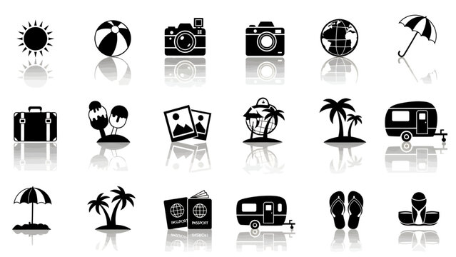 Collection of black and white travel and lifestyle icons for design projects.