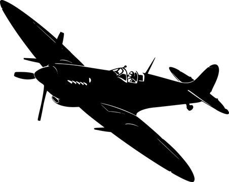 Detailed black silhouette of a vintage WWII Spitfire fighter plane banking in flight, military aviation concept, flat vector illustration, isolated on white background
