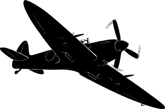 Detailed black silhouette of a vintage WWII Spitfire fighter plane banking in flight, military aviation concept, flat vector illustration, isolated on white background